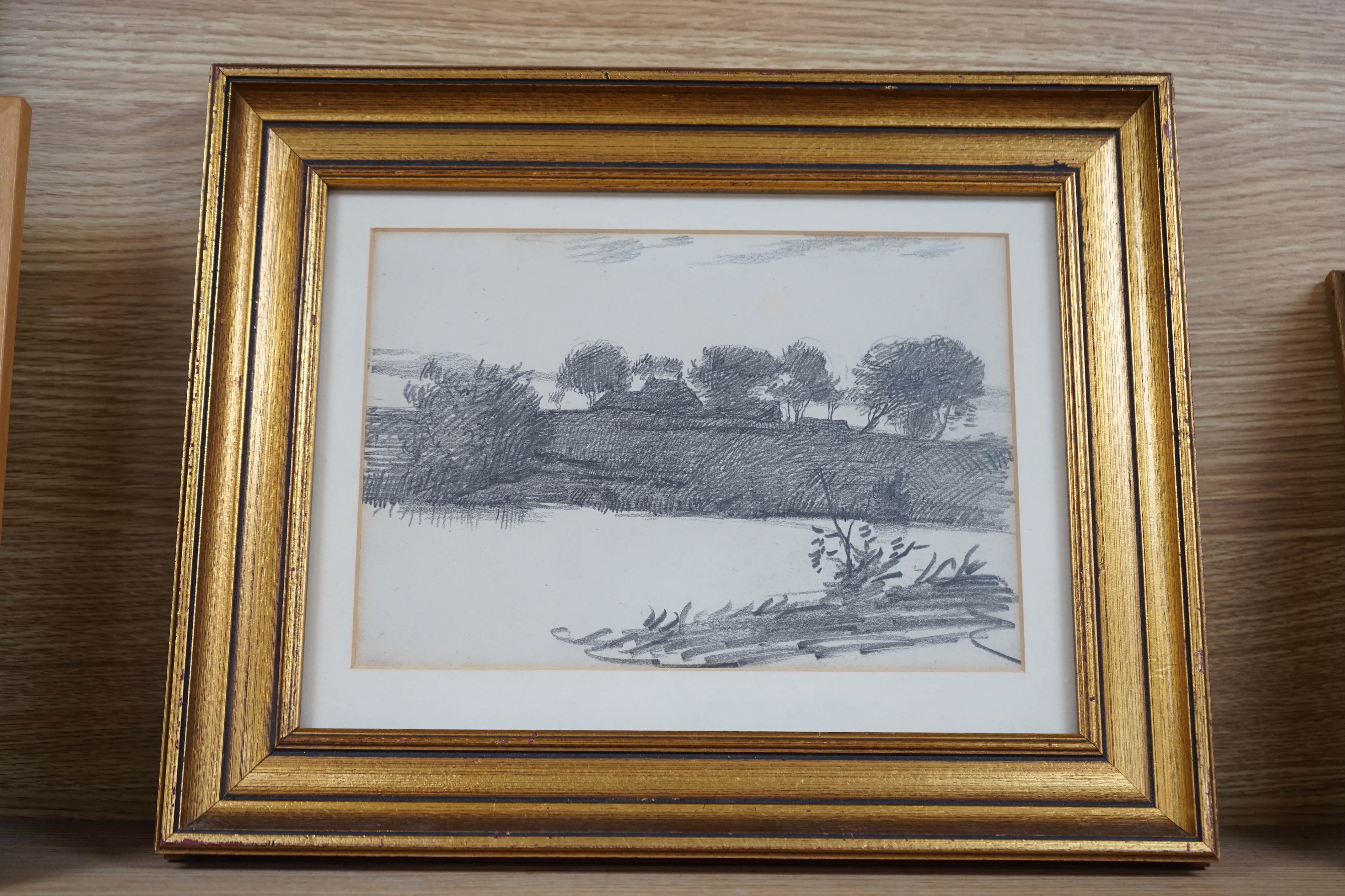 Attributed to William Strang RA (Scottish, 1859-1921), pencil sketch, River landscape, unsigned, details verso, 17 x 24cm